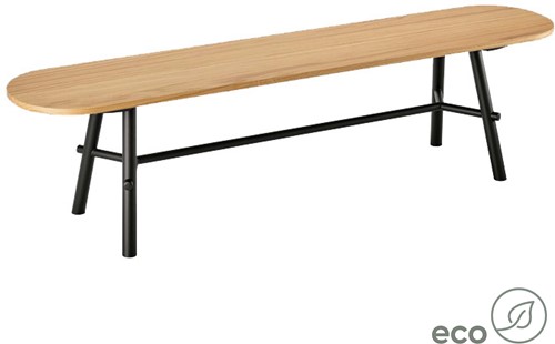 Record Bench Wood - 4 poots bankje met houten poten, langwerpige zitting en metalen dwarsstang
